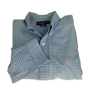 Ralph Lauren Mens SZ 16.5 Gingham Blue White Long Sleeve Button Dress Shirt READ